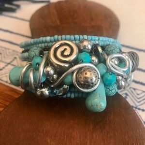 Boho handmade art silver and turquoise beaded adjustable bracelet cuff